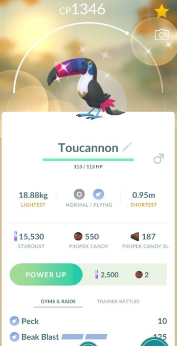 Pokémon GO screenshot of Shiny Toucannon that knows the Pokémon GO Community Day exclusive move Beak Blast