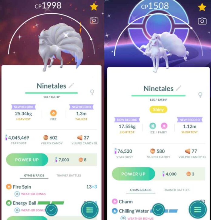 Pokémon GO screenshots of Shiny Ninetales that knows Energy Ball and Shiny Alolan Ninetales that knows Chilling Water from Vulpix and Alolan Vulpix Pokémon GO Community Day
